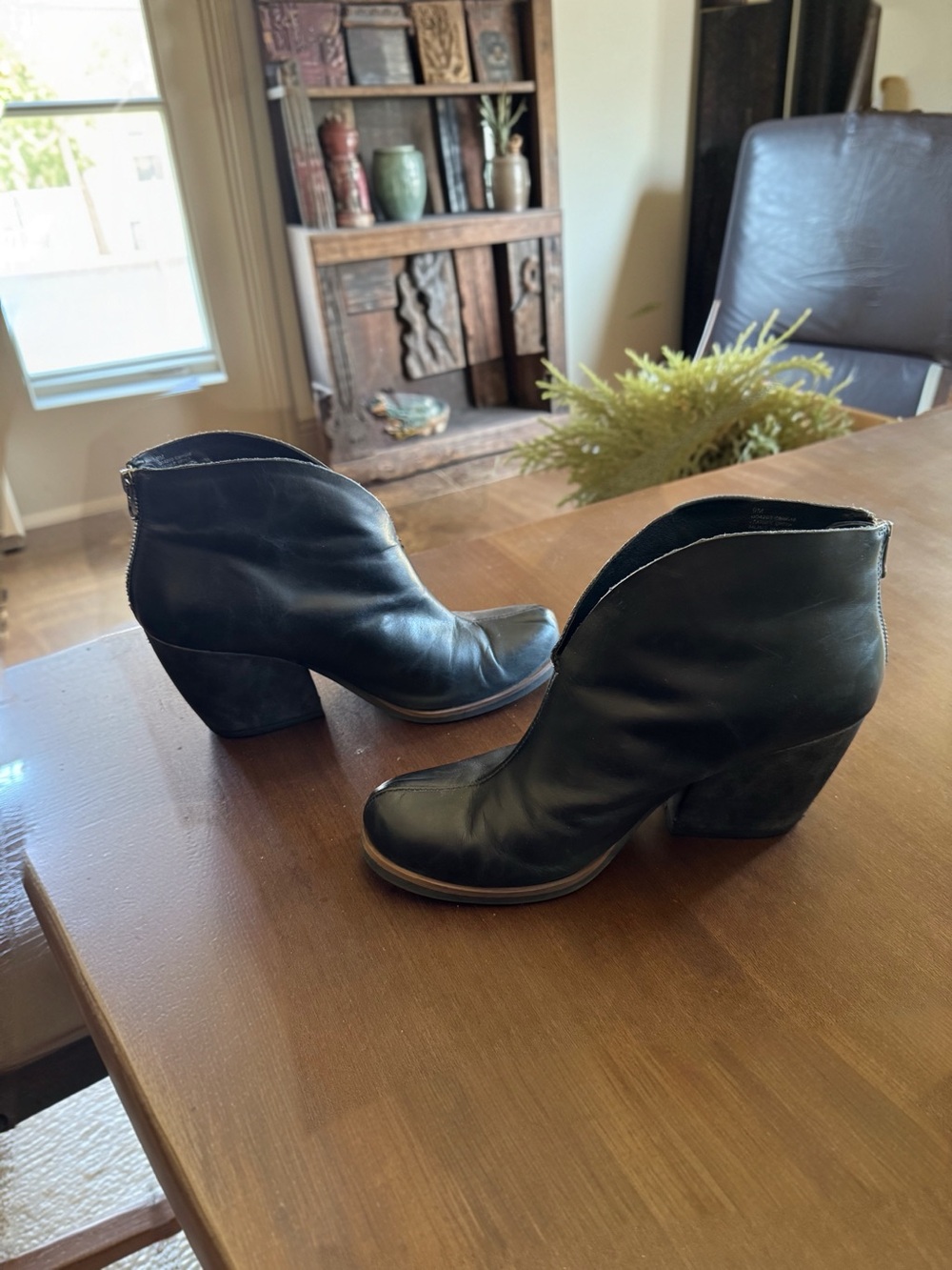 Kork-Ease Black Leather Ankle Booties with Block Heel, zip in back